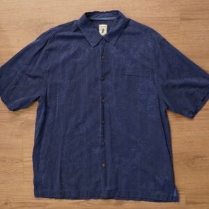 Jamaica Jaxx 100% Silk Textured Navy Short-Sleeve Button-Down Shirt